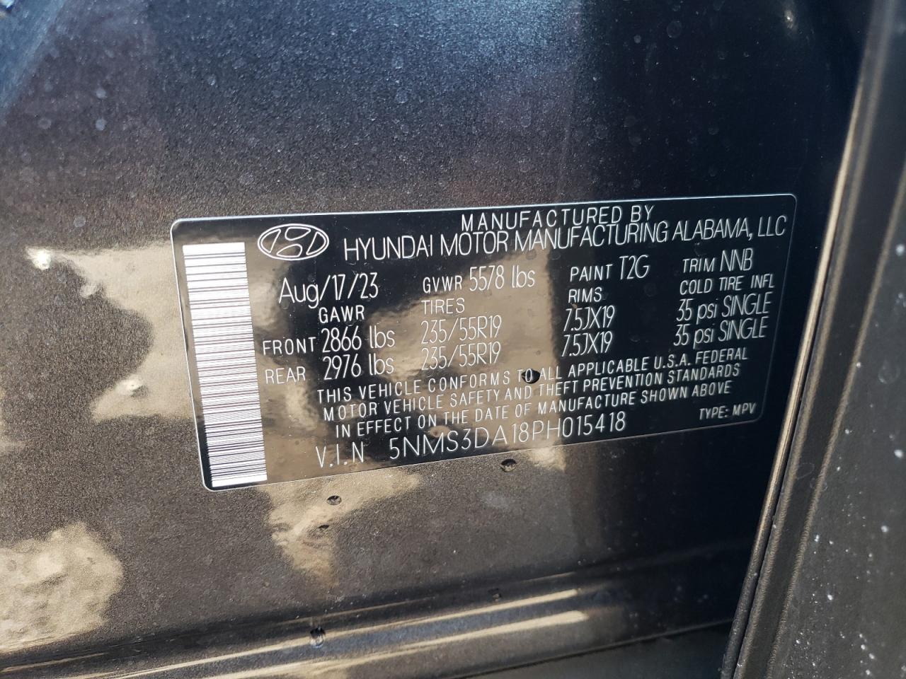 2023 HYUNDAI SANTA FE SEL PREMIUM VIN:5NMS3DA18PH015418