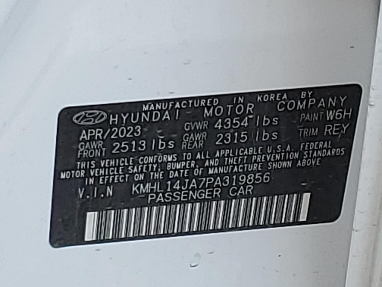 2023 HYUNDAI SONATA SEL VIN:KMHL14JA7PA319856