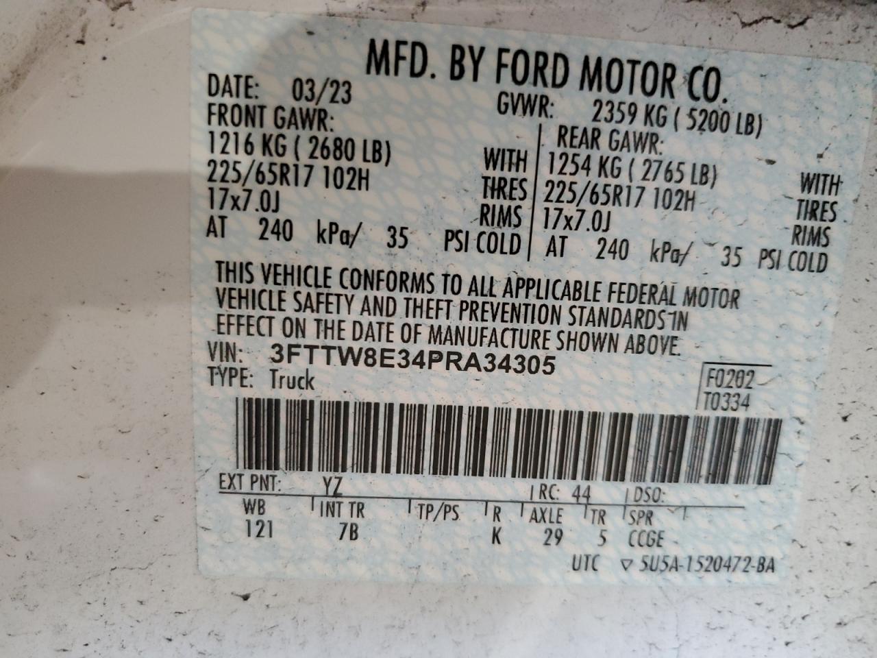 2023 FORD MAVERICK XL VIN:3FTTW8E34PRA34305