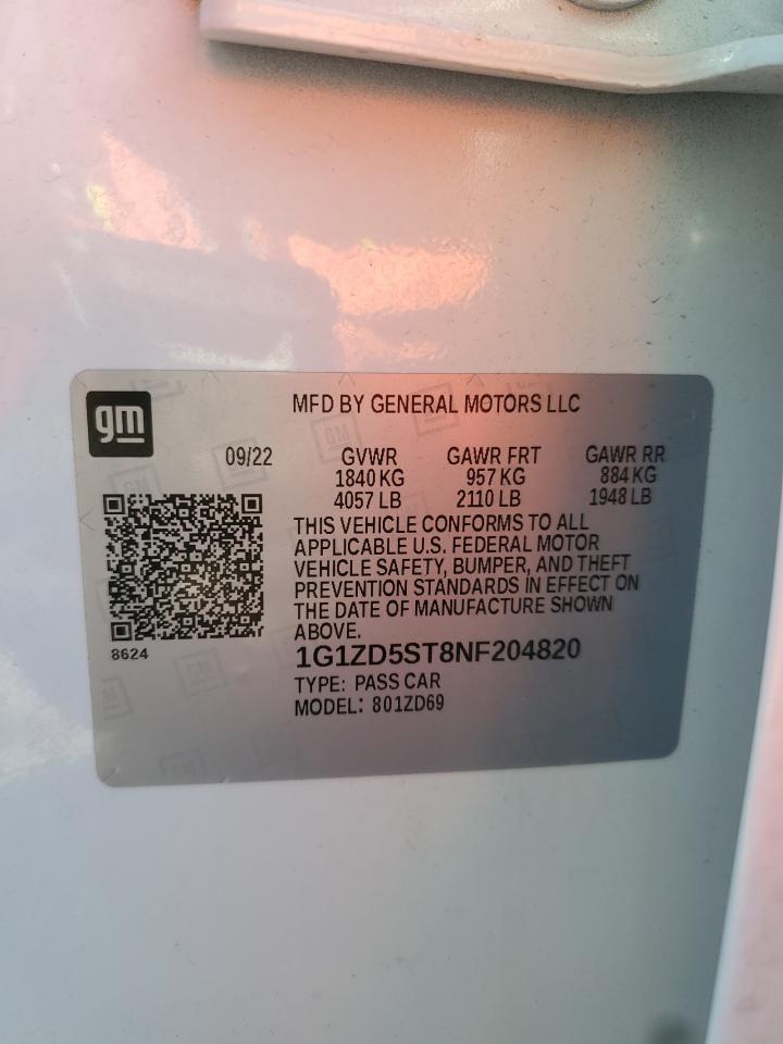 2022 CHEVROLET MALIBU LT VIN:1G1ZD5ST8NF204820