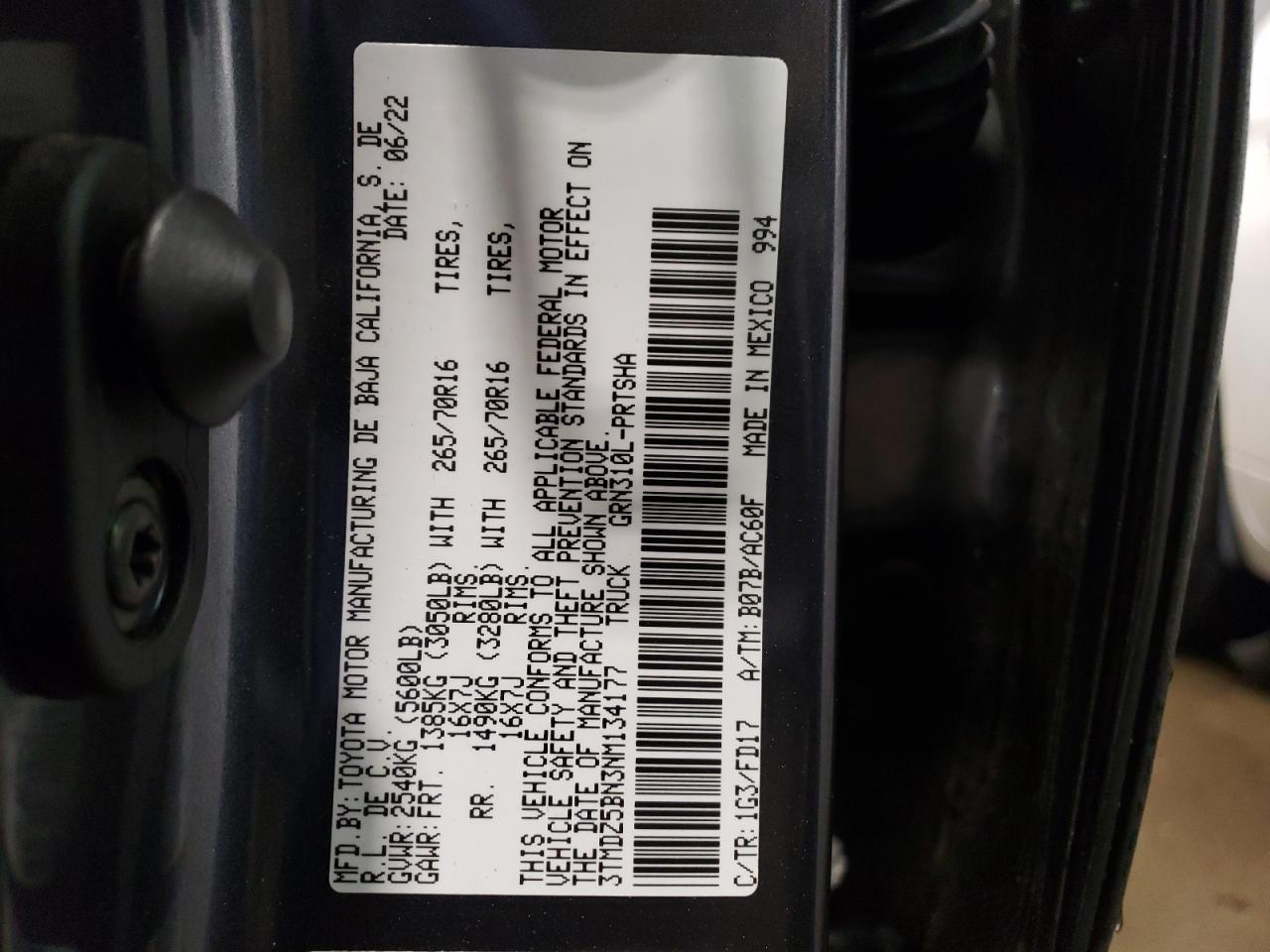 2022 TOYOTA TACOMA DOUBLE CAB VIN:3TMDZ5BN3NM134177