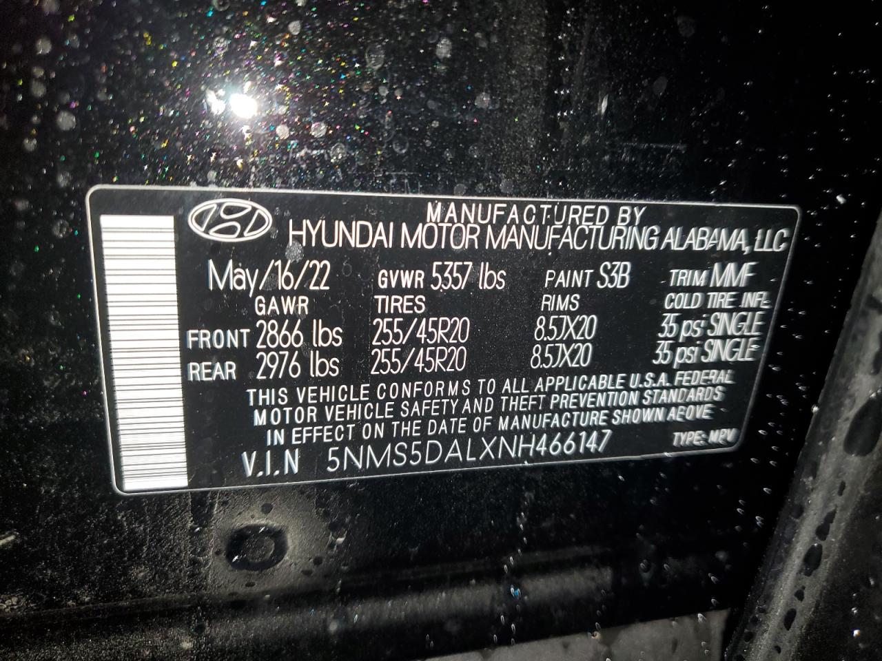 2022 HYUNDAI SANTA FE CALLIGRAPHY VIN:5NMS5DALXNH466147