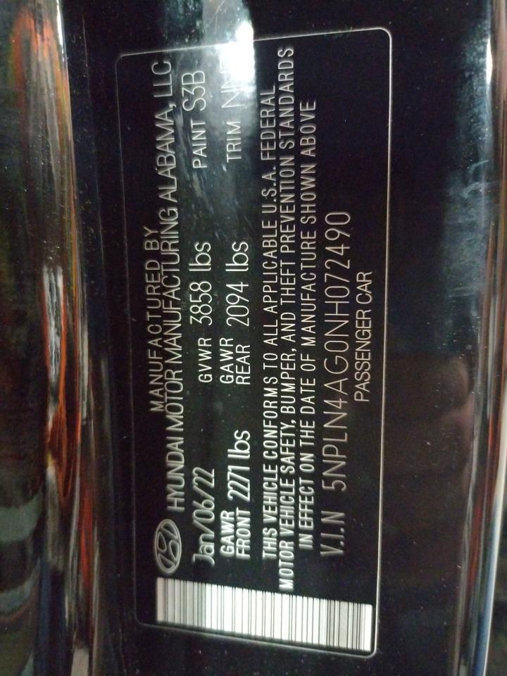 2022 HYUNDAI ELANTRA SEL VIN:5NPLN4AG0NH072490