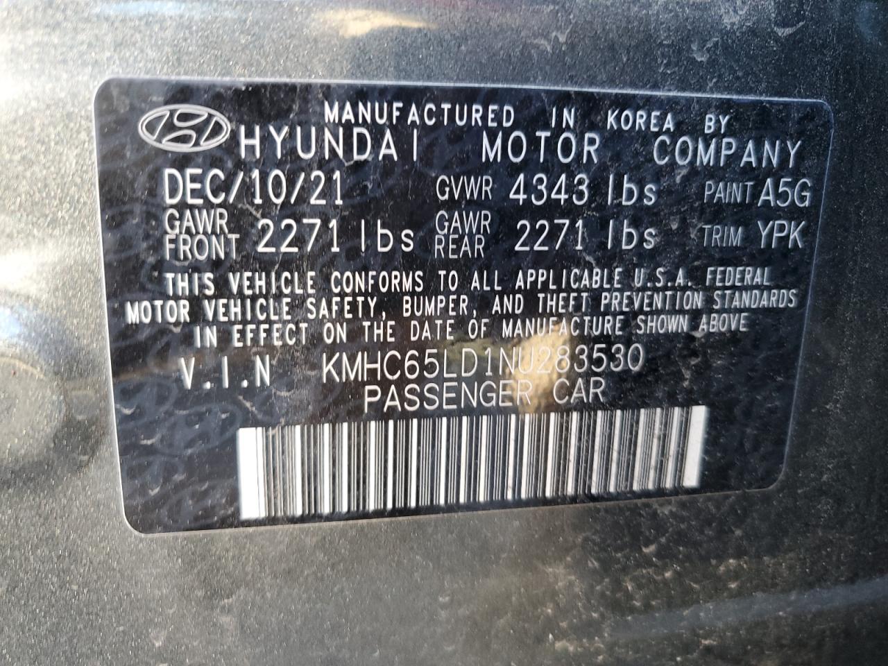 2022 HYUNDAI IONIQ SE VIN:KMHC65LD1NU283530