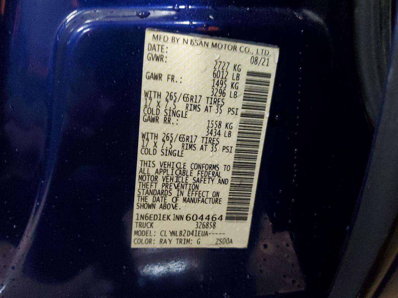 2022 NISSAN FRONTIER S VIN:1N6ED1EK1NN604464