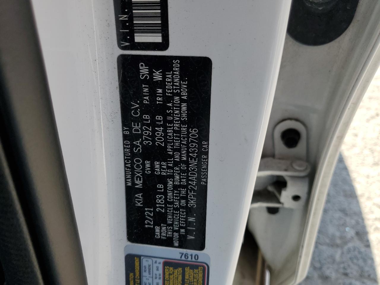 2022 KIA FORTE FE VIN:3KPF24AD3NE439706