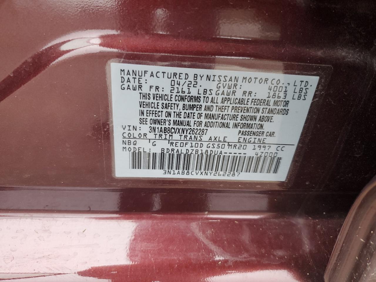 2022 NISSAN SENTRA SV VIN:3N1AB8CVXNY262287