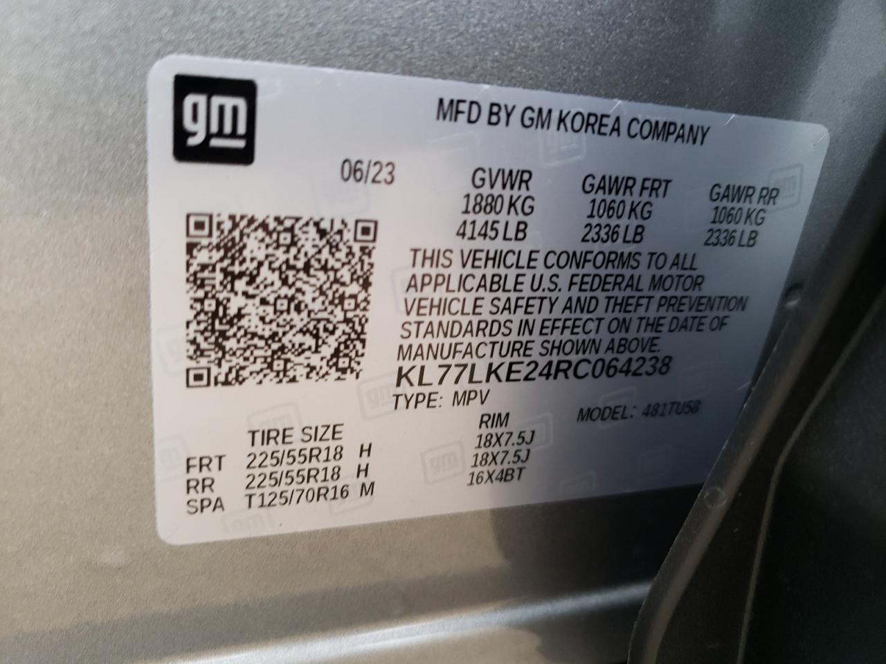 2024 CHEVROLET TRAX ACTIV VIN:KL77LKE24RC064238