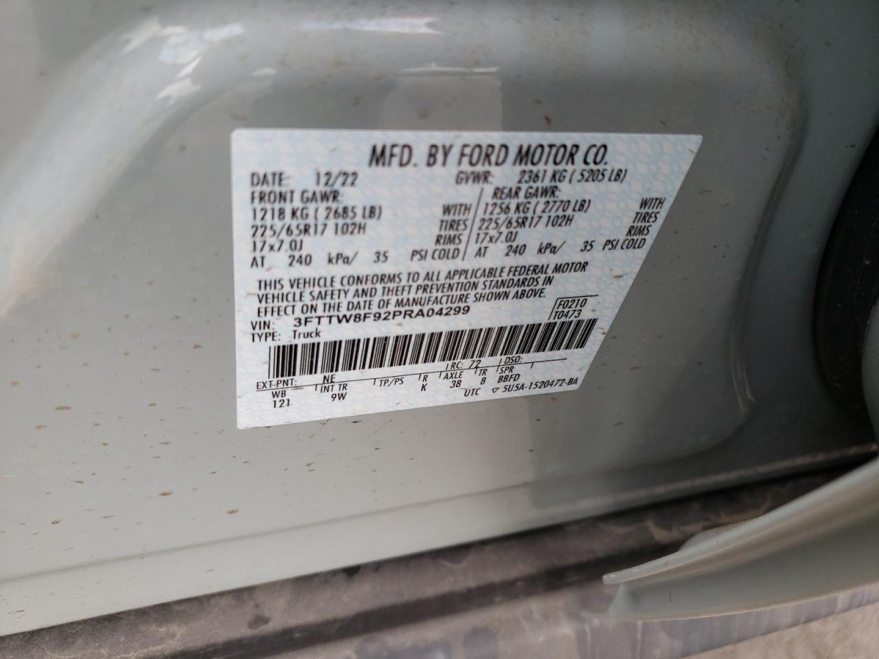 2023 FORD MAVERICK XL VIN:3FTTW8F92PRA04299