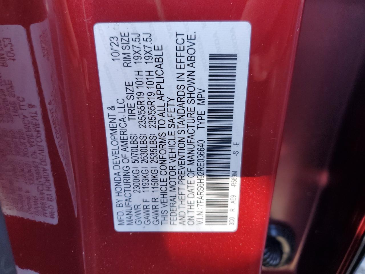 2024 HONDA CR-V SPORT TOURING VIN:7FARS6H92RE036640
