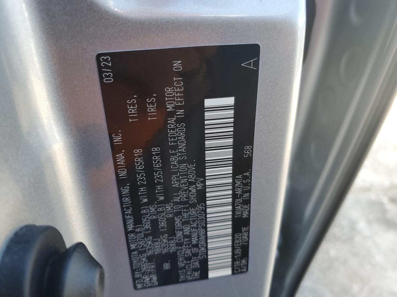 2023 TOYOTA HIGHLANDER L VIN:5TDKDRAH8PS030795