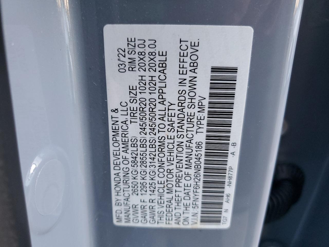 2022 HONDA PILOT SE VIN:5FNYF6H26NB045186