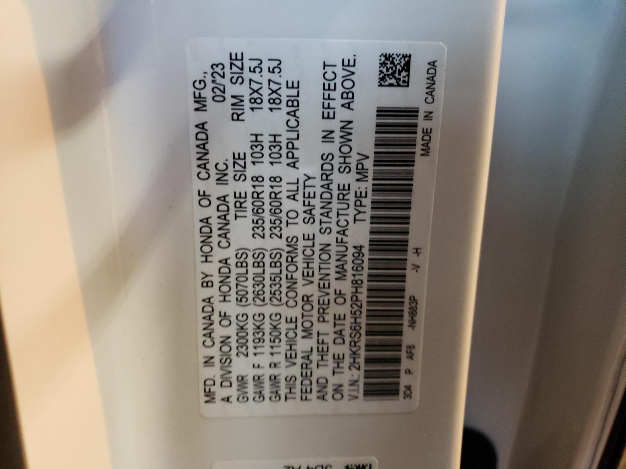 2023 HONDA CR-V SPORT VIN:2HKRS6H52PH816094