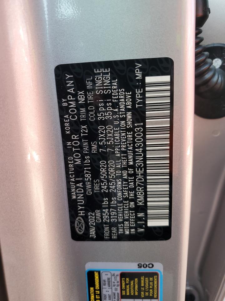 2022 HYUNDAI PALISADE CALLIGRAPHY VIN:KM8R7DHE3NU430031