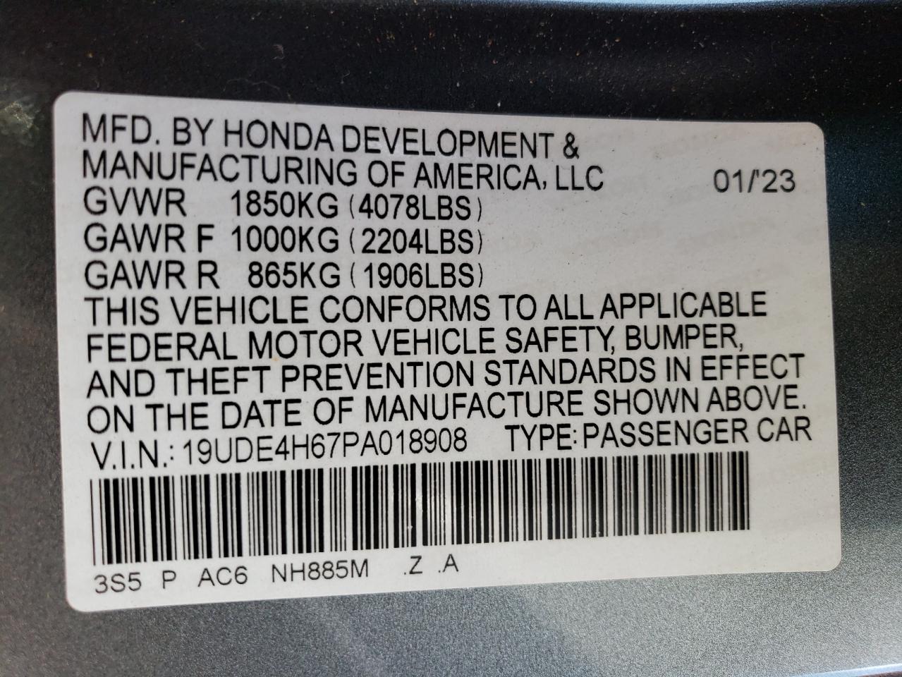 2023 ACURA INTEGRA A-SPEC TECH VIN:19UDE4H67PA018908