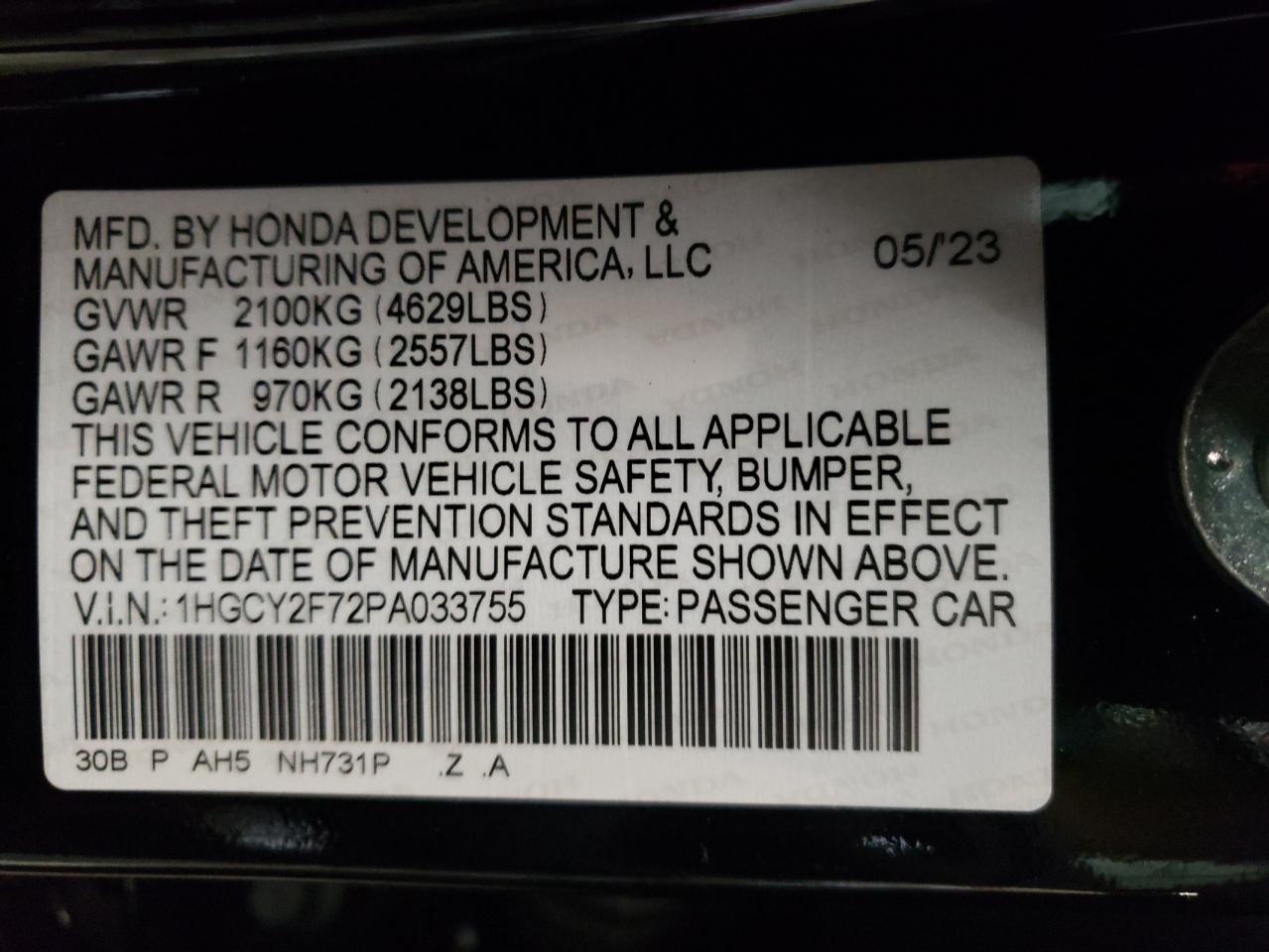 2023 HONDA ACCORD HYBRID SPORT-L VIN:1HGCY2F72PA033755