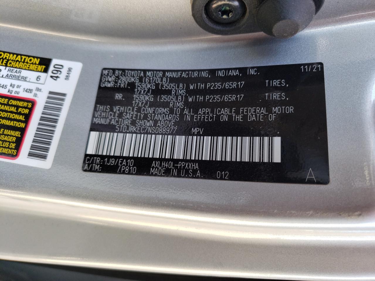 2022 TOYOTA SIENNA XLE VIN:5TDJRKEC7NS088977