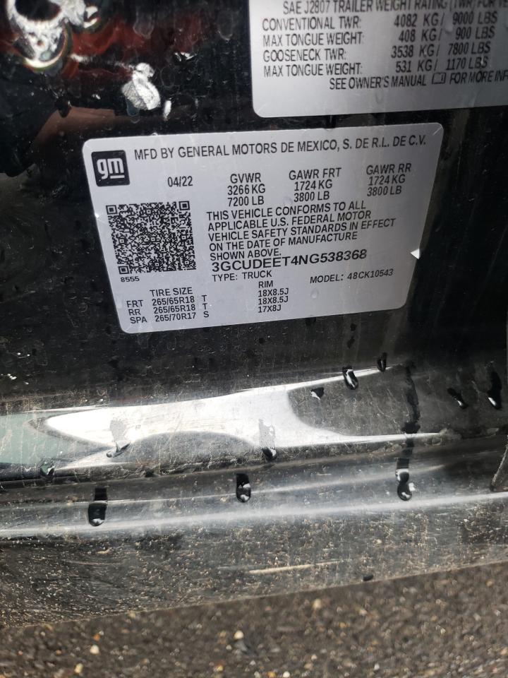 2022 CHEVROLET SILVERADO K1500 RST VIN:3GCUDEET4NG538368