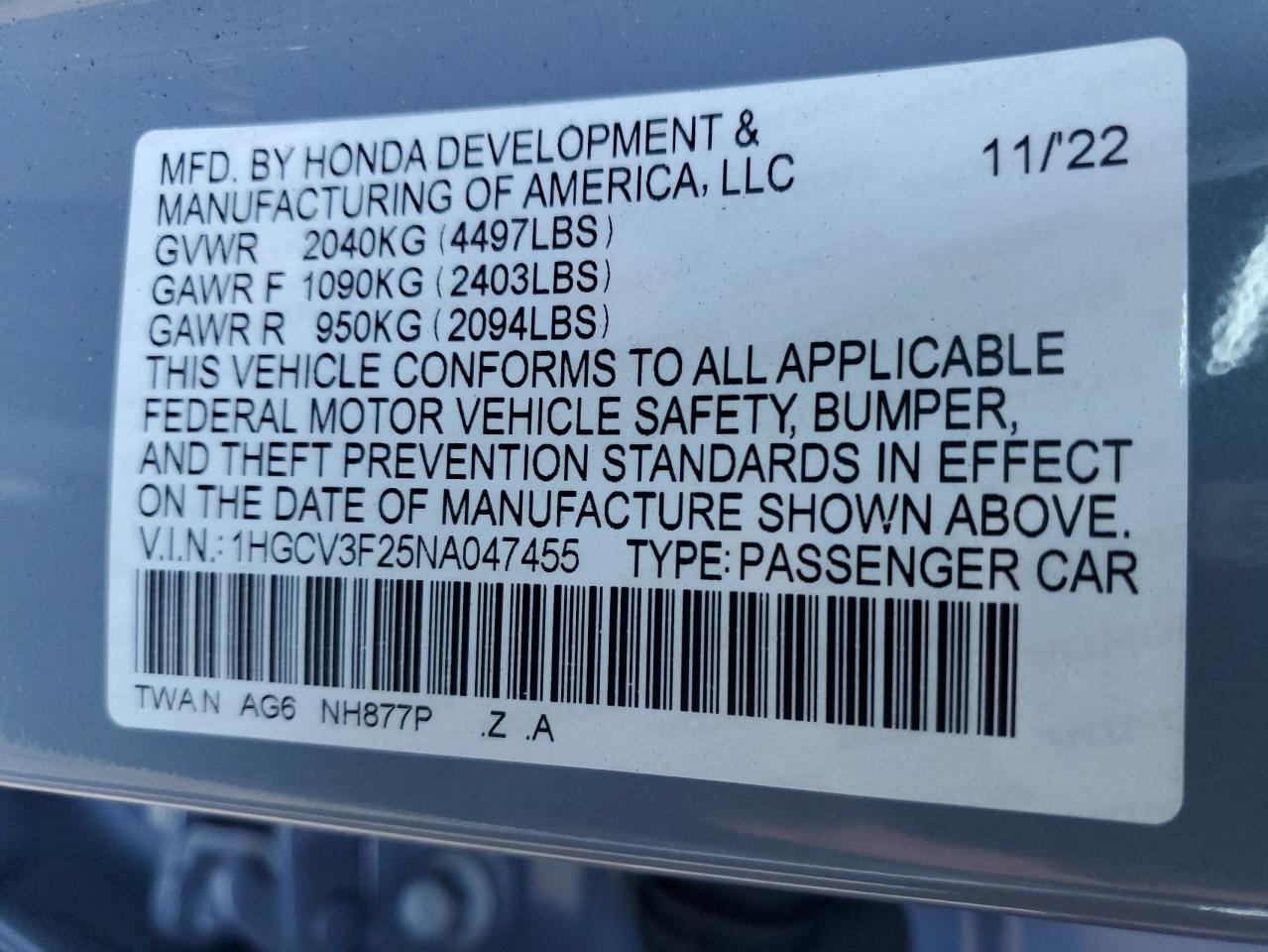 2022 HONDA ACCORD HYBRID SPORT VIN:1HGCV3F25NA047455