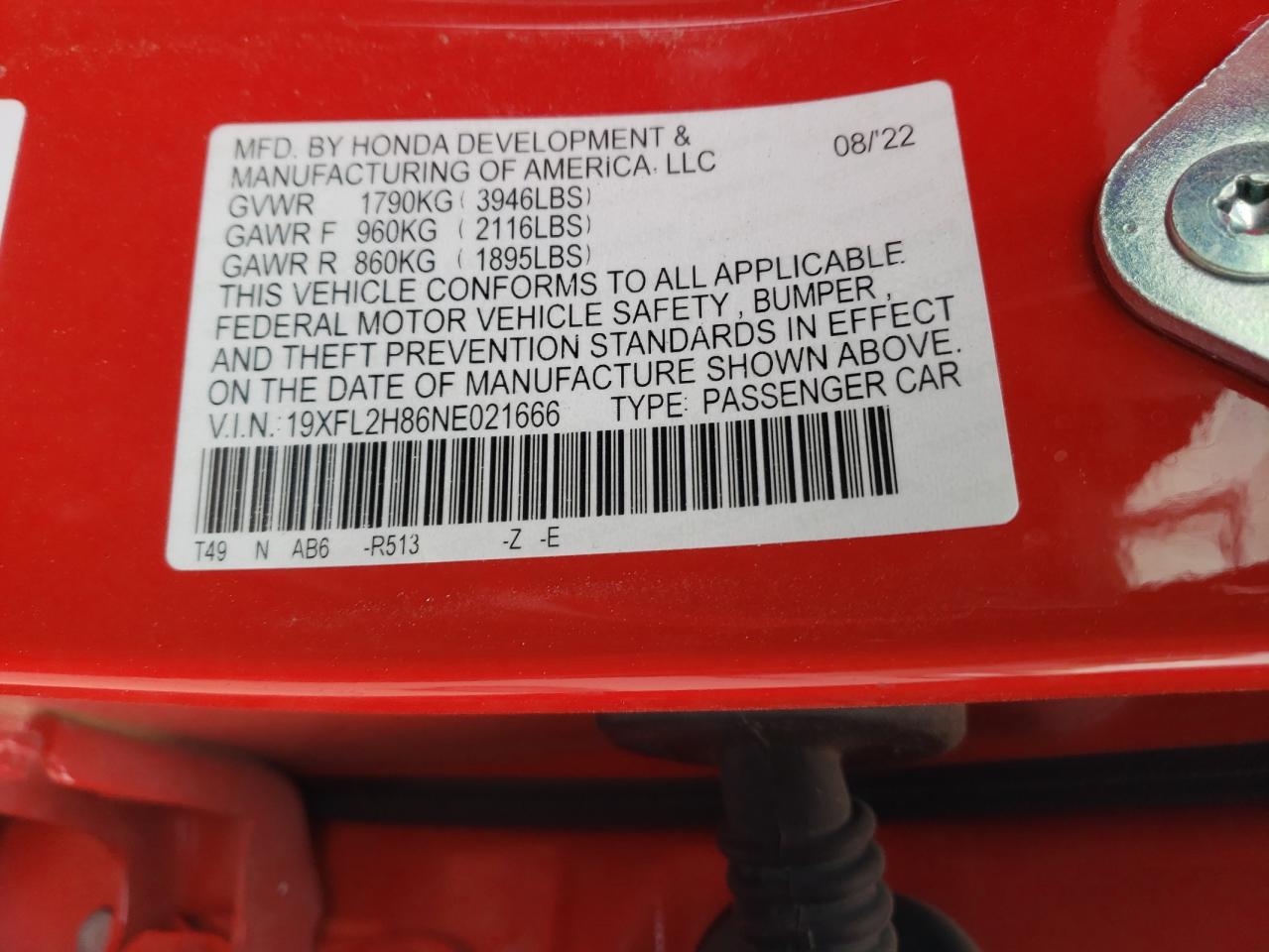 2022 HONDA CIVIC SPORT VIN:19XFL2H86NE021666