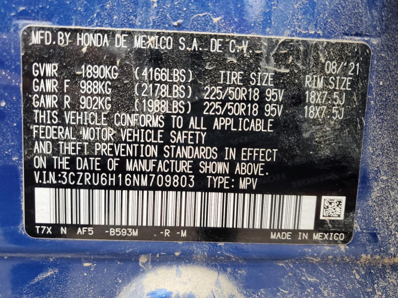 2022 HONDA HR-V SPORT VIN:3CZRU6H16NM709803