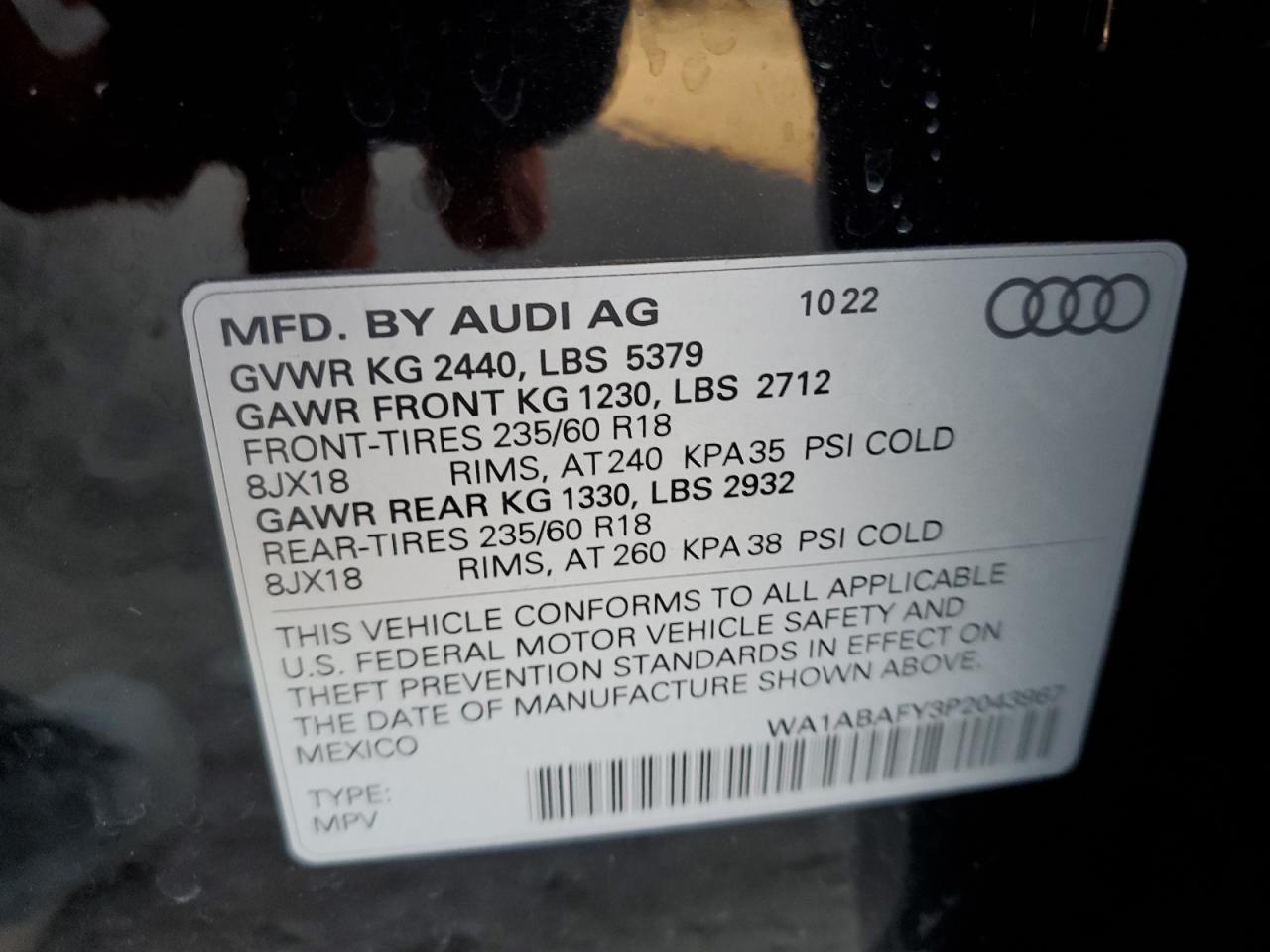 2023 AUDI Q5 PREMIUM 40 VIN:WA1ABAFY3P2043967