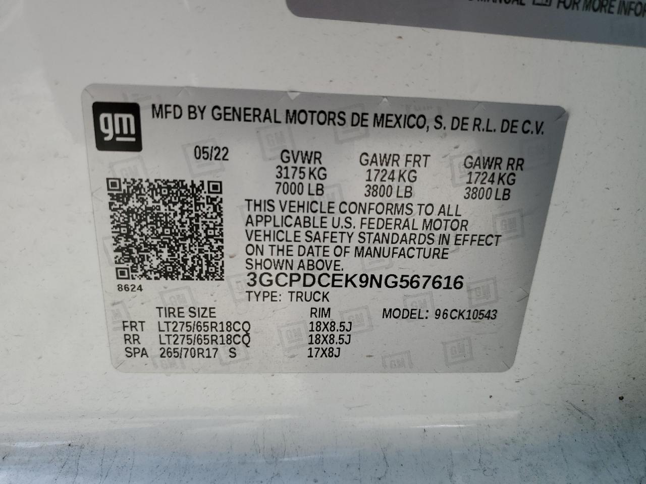 2022 CHEVROLET SILVERADO K1500 TRAIL BOSS CUSTOM VIN:3GCPDCEK9NG567616