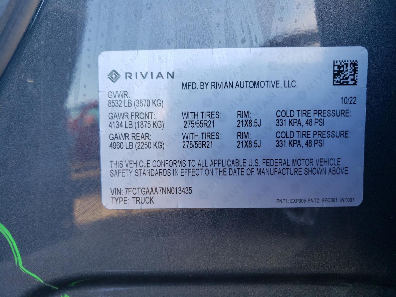 2022 RIVIAN R1T ADVENTURE VIN:7FCTGAAA7NN013435