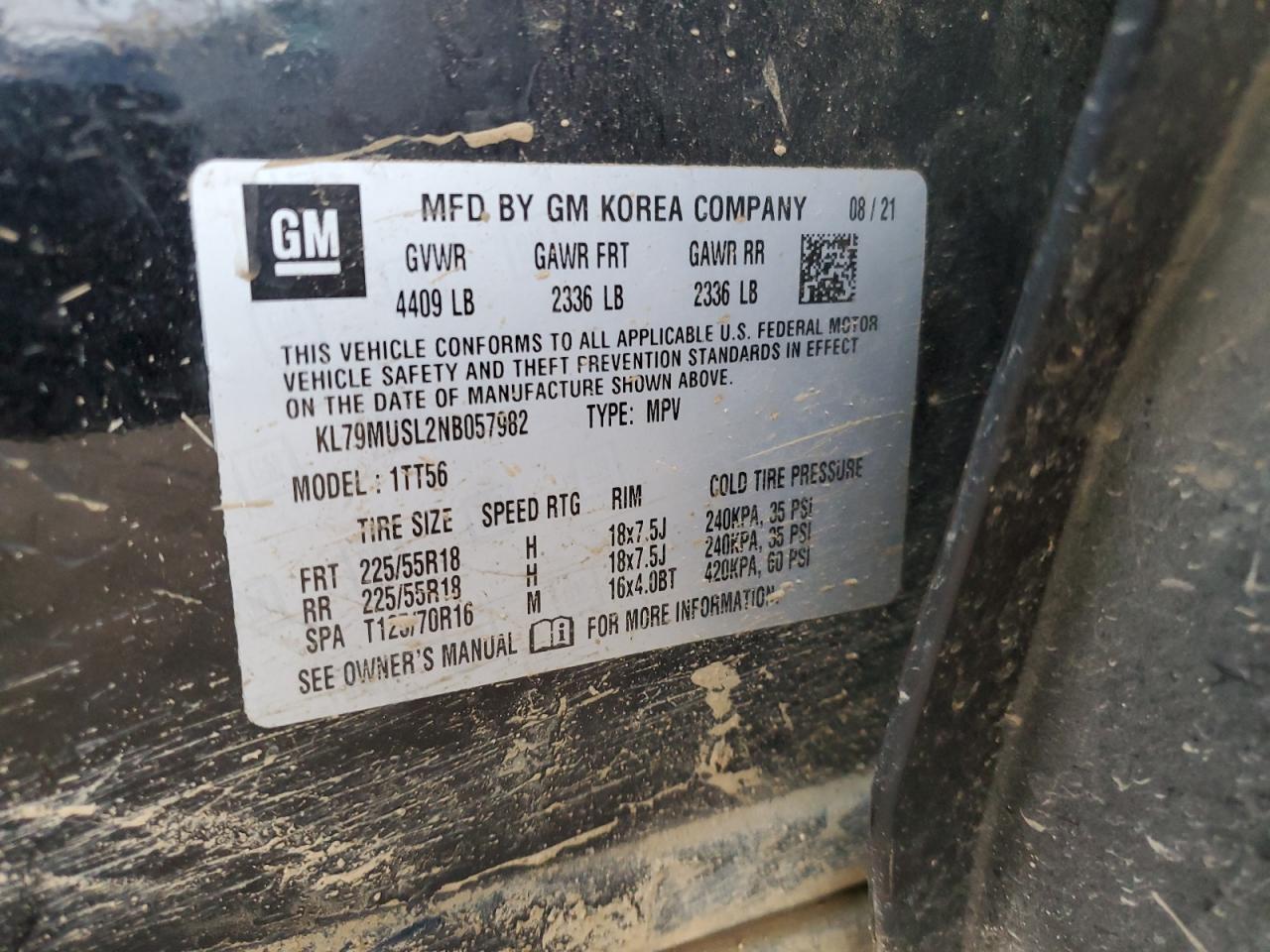 2022 CHEVROLET TRAILBLAZER RS VIN:KL79MUSL2NB057982