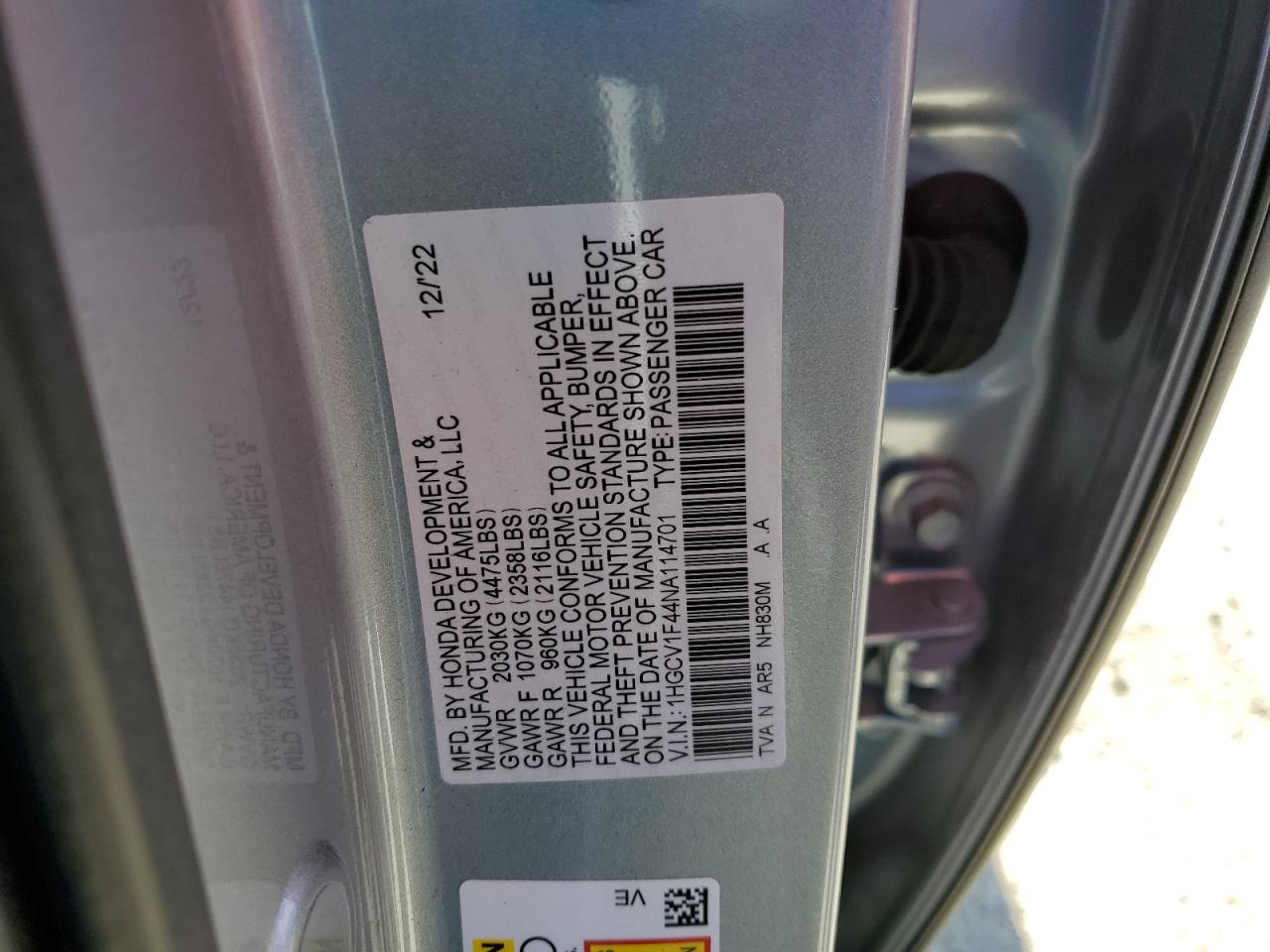 2022 HONDA ACCORD SPORT SE VIN:1HGCV1F44NA114701