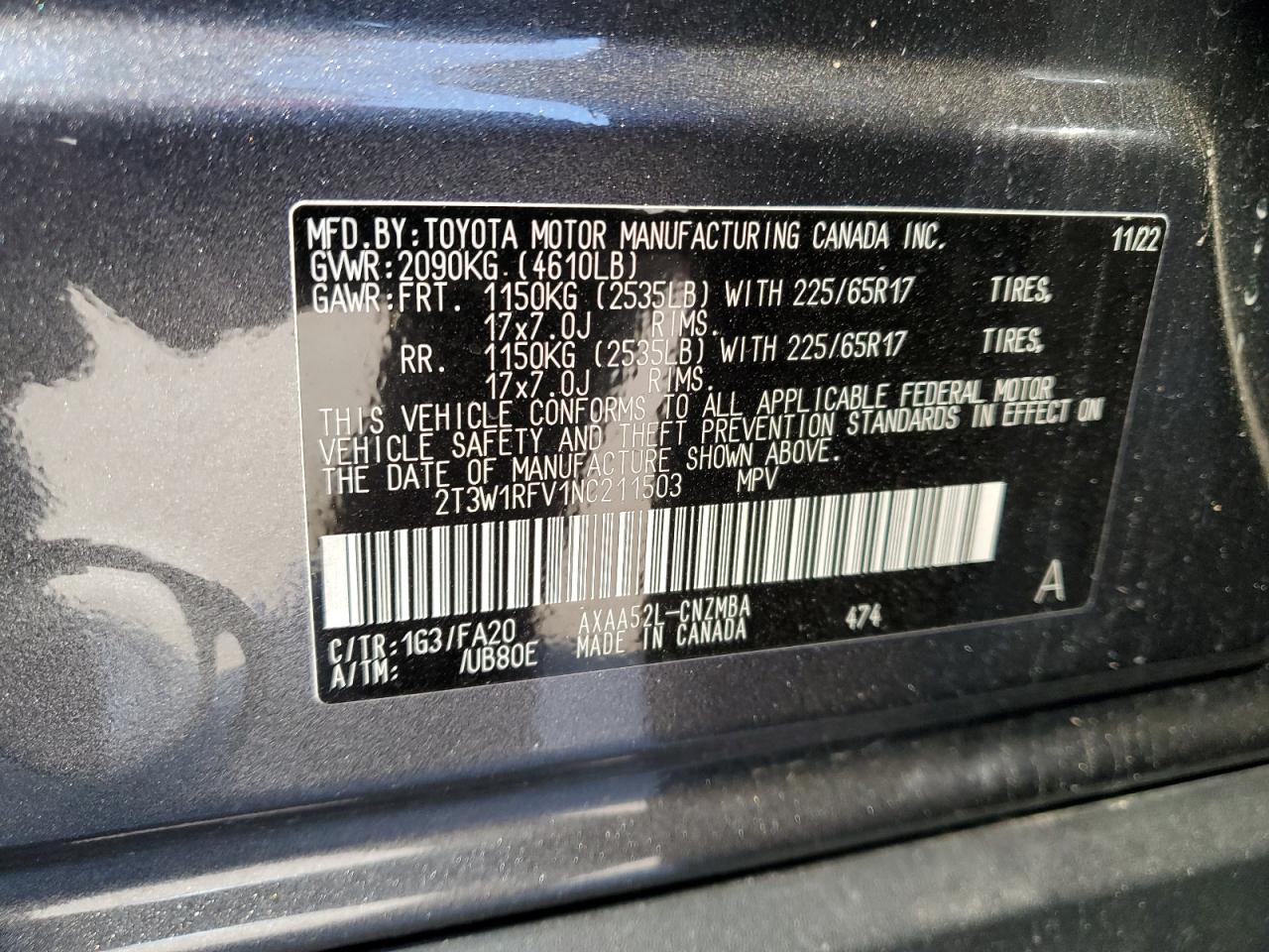 2022 TOYOTA RAV4 XLE VIN:2T3W1RFV1NC211503