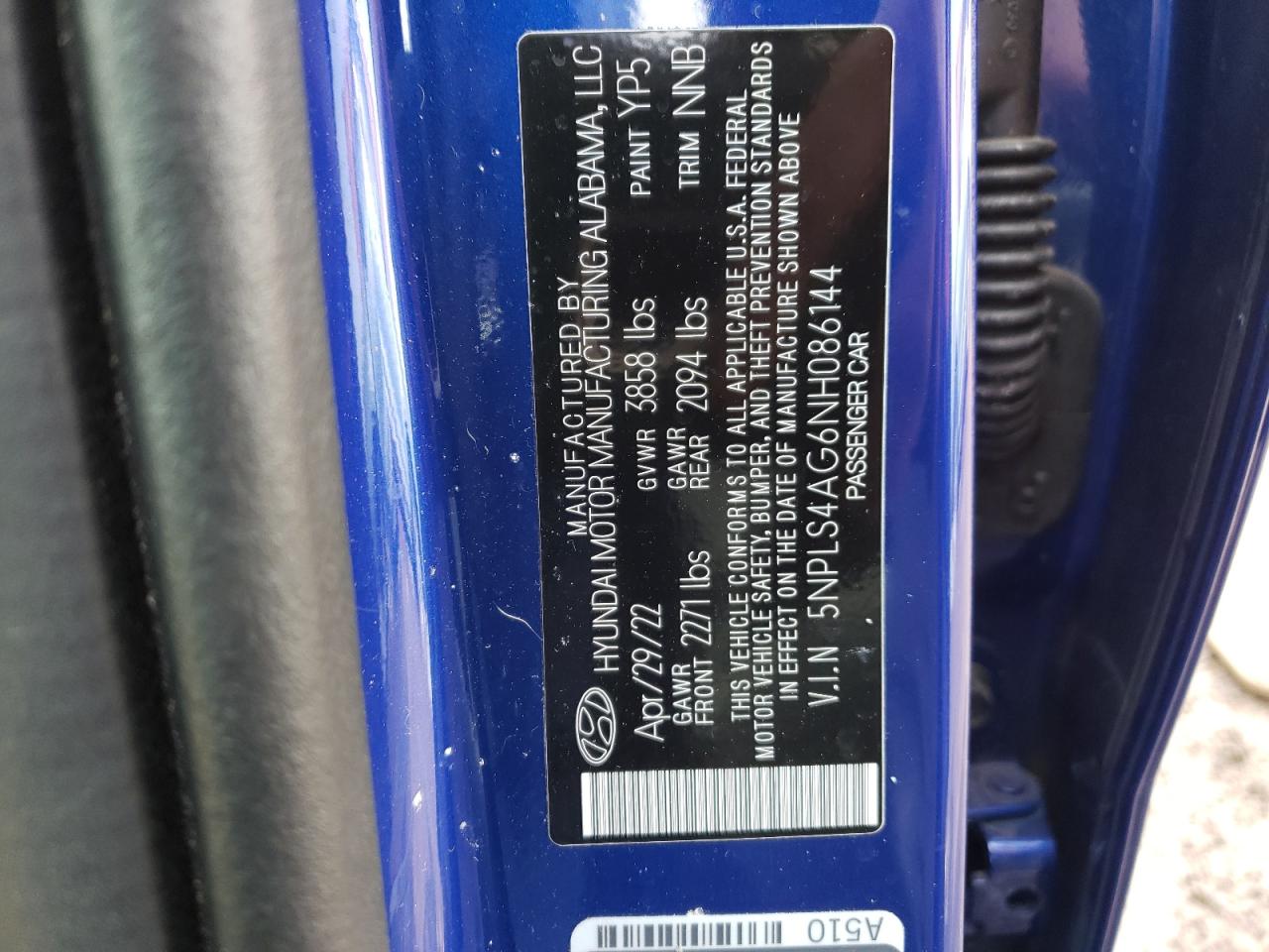 2022 HYUNDAI ELANTRA SEL VIN:5NPLS4AG6NH086144