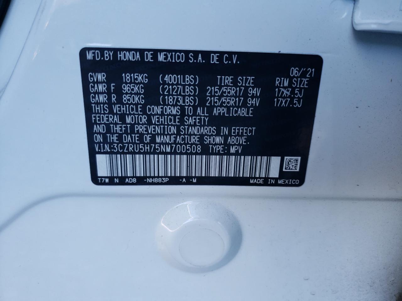 2022 HONDA HR-V EXL VIN:3CZRU5H75NM700508