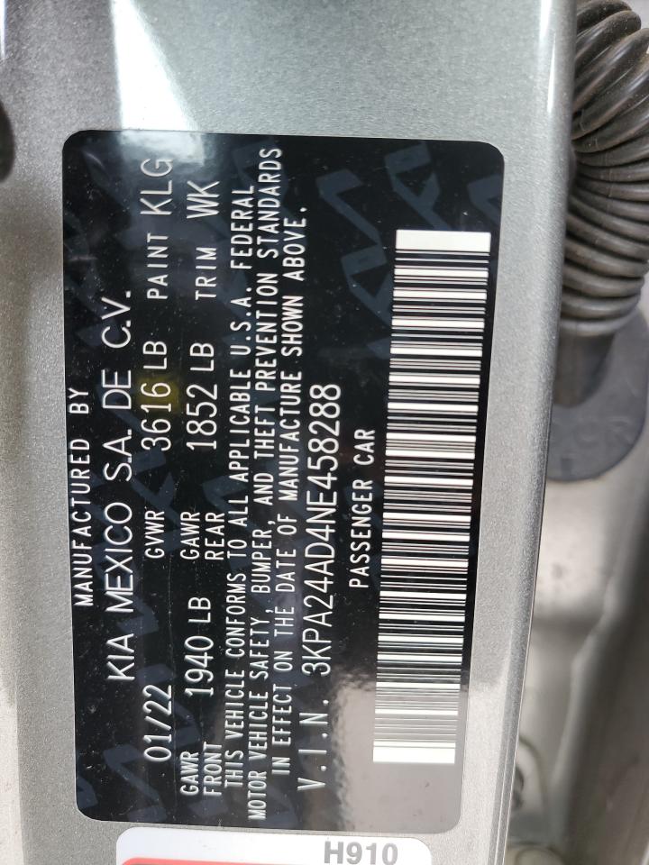 2022 KIA RIO LX VIN:3KPA24AD4NE458288