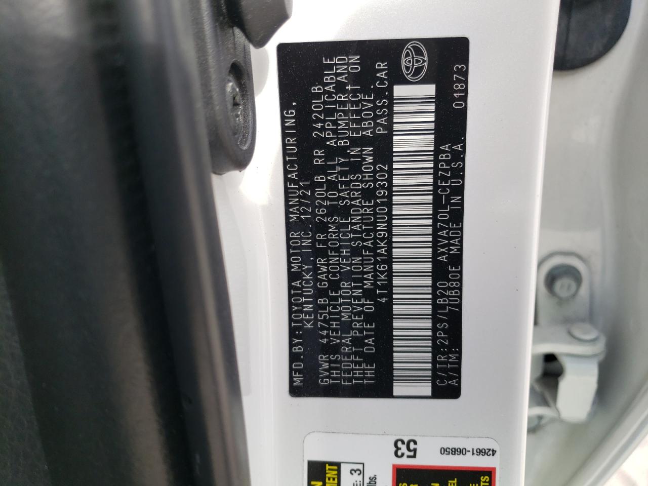 2022 TOYOTA CAMRY XSE VIN:4T1K61AK9NU019302