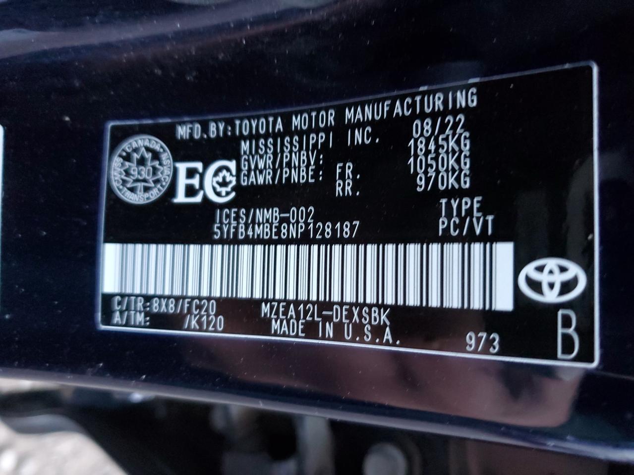 2022 TOYOTA COROLLA SE VIN:5YFB4MBE8NP128187