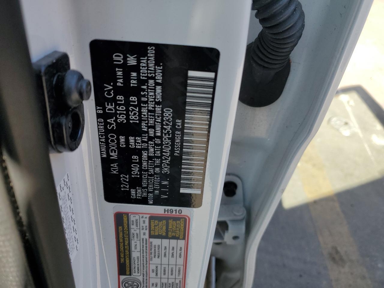 2023 KIA RIO LX VIN:3KPA24AD3PE542380