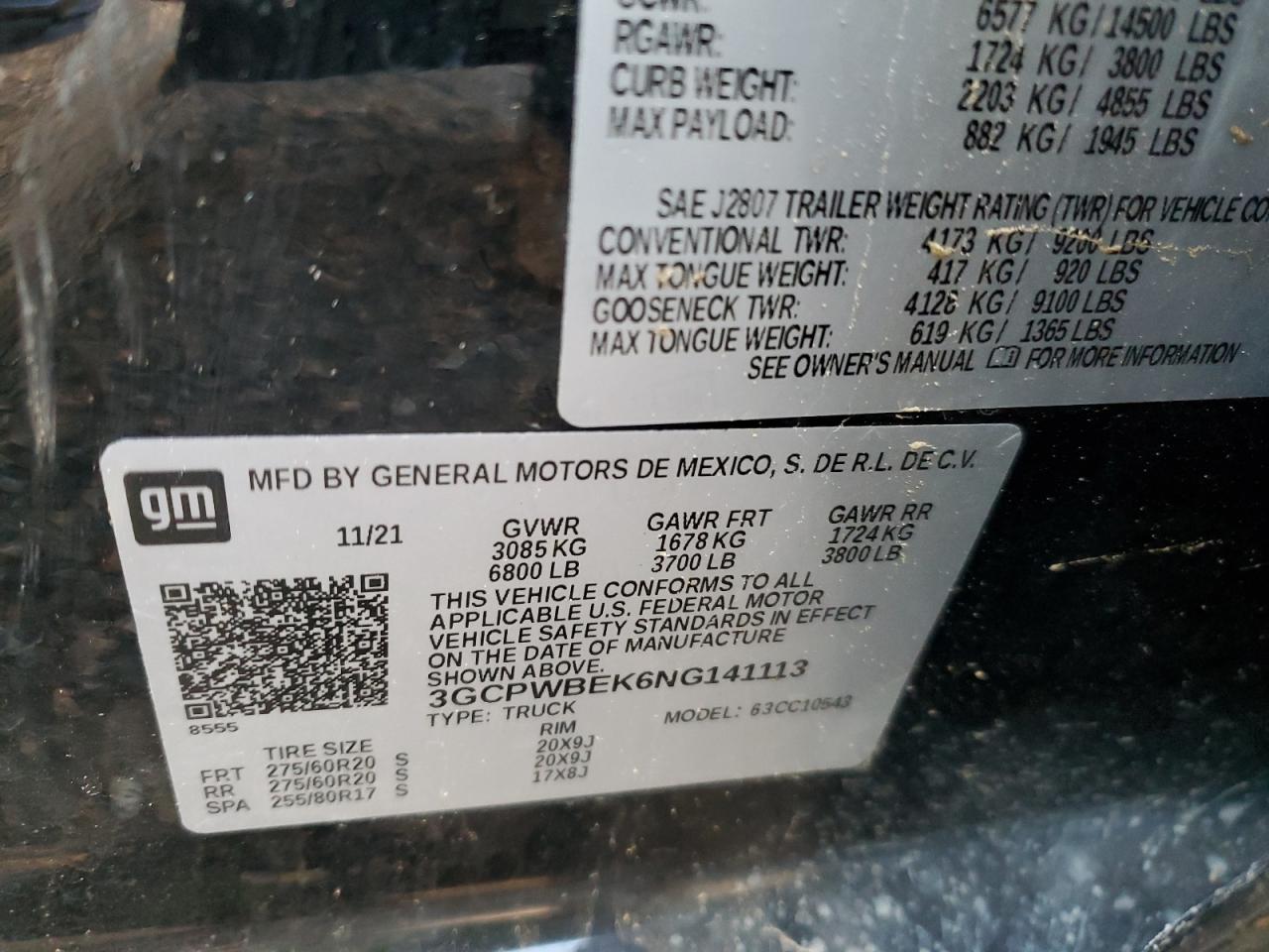 2022 CHEVROLET SILVERADO LTD C1500 CUSTOM VIN:3GCPWBEK6NG141113