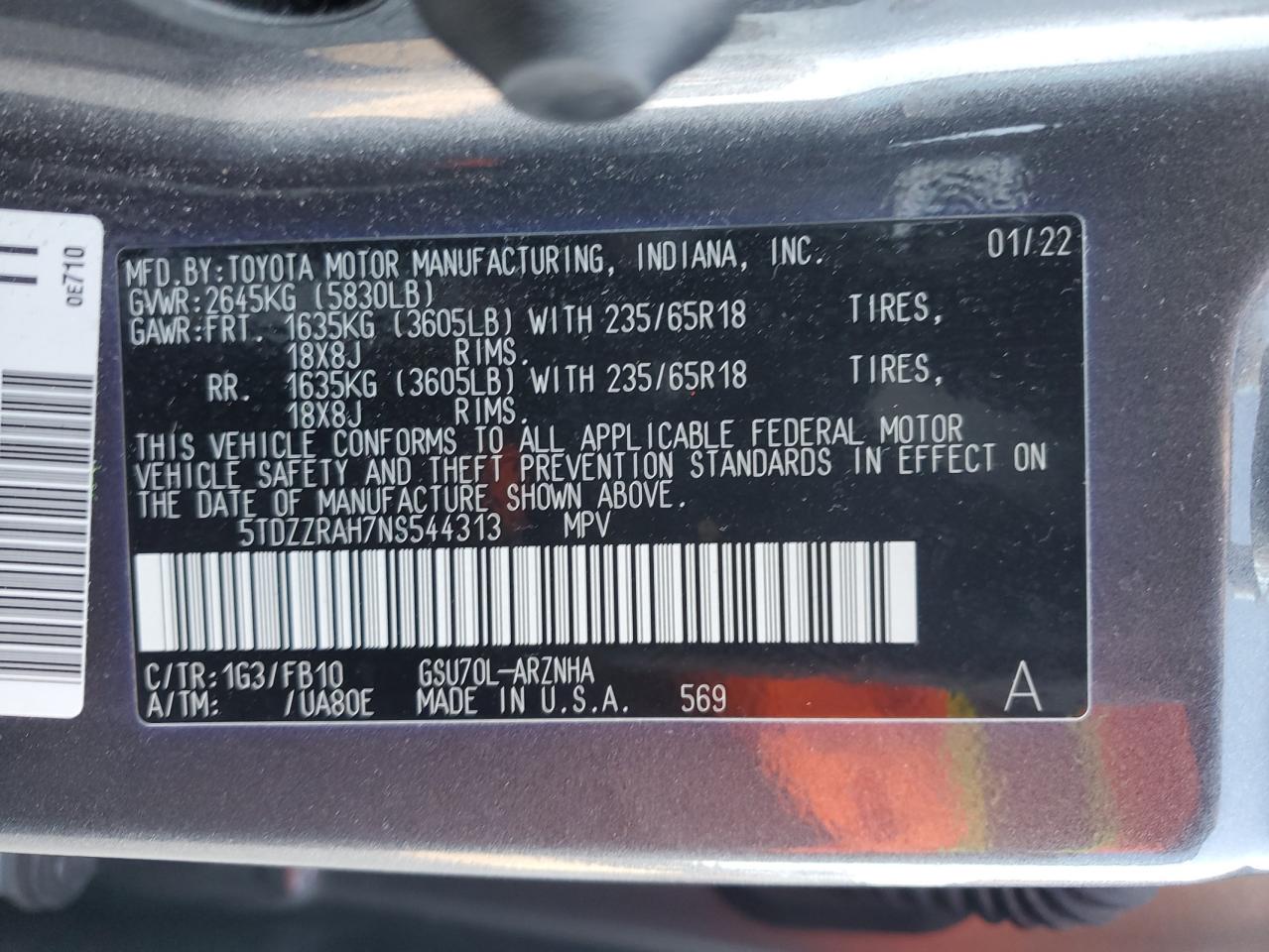 2022 TOYOTA HIGHLANDER L VIN:5TDZZRAH7NS544313