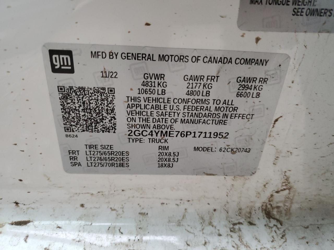 2023 CHEVROLET SILVERADO K2500 CUSTOM VIN:2GC4YME76P1711952