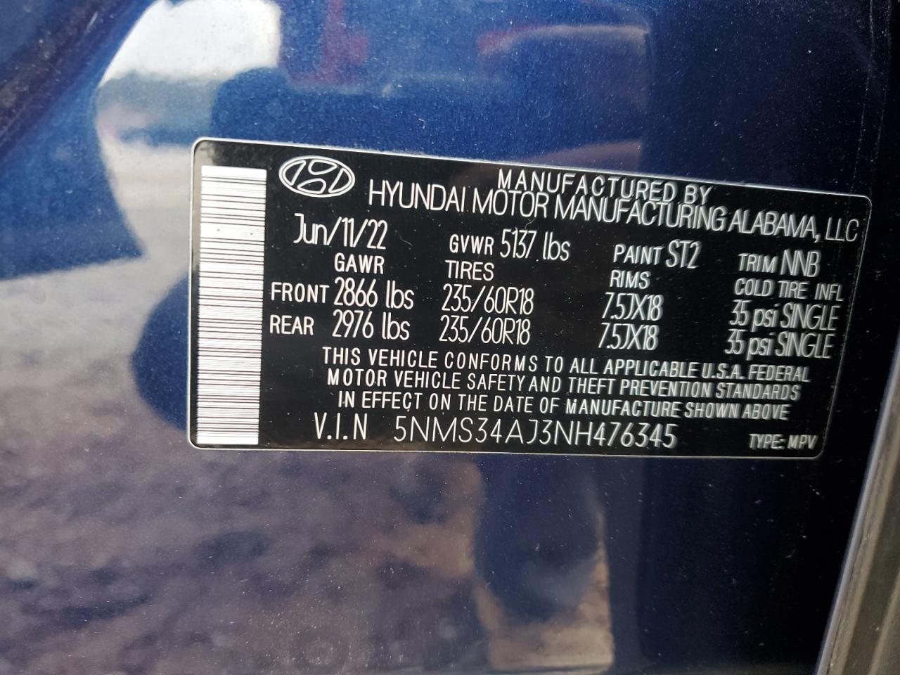 2022 HYUNDAI SANTA FE SEL VIN:5NMS34AJ3NH476345