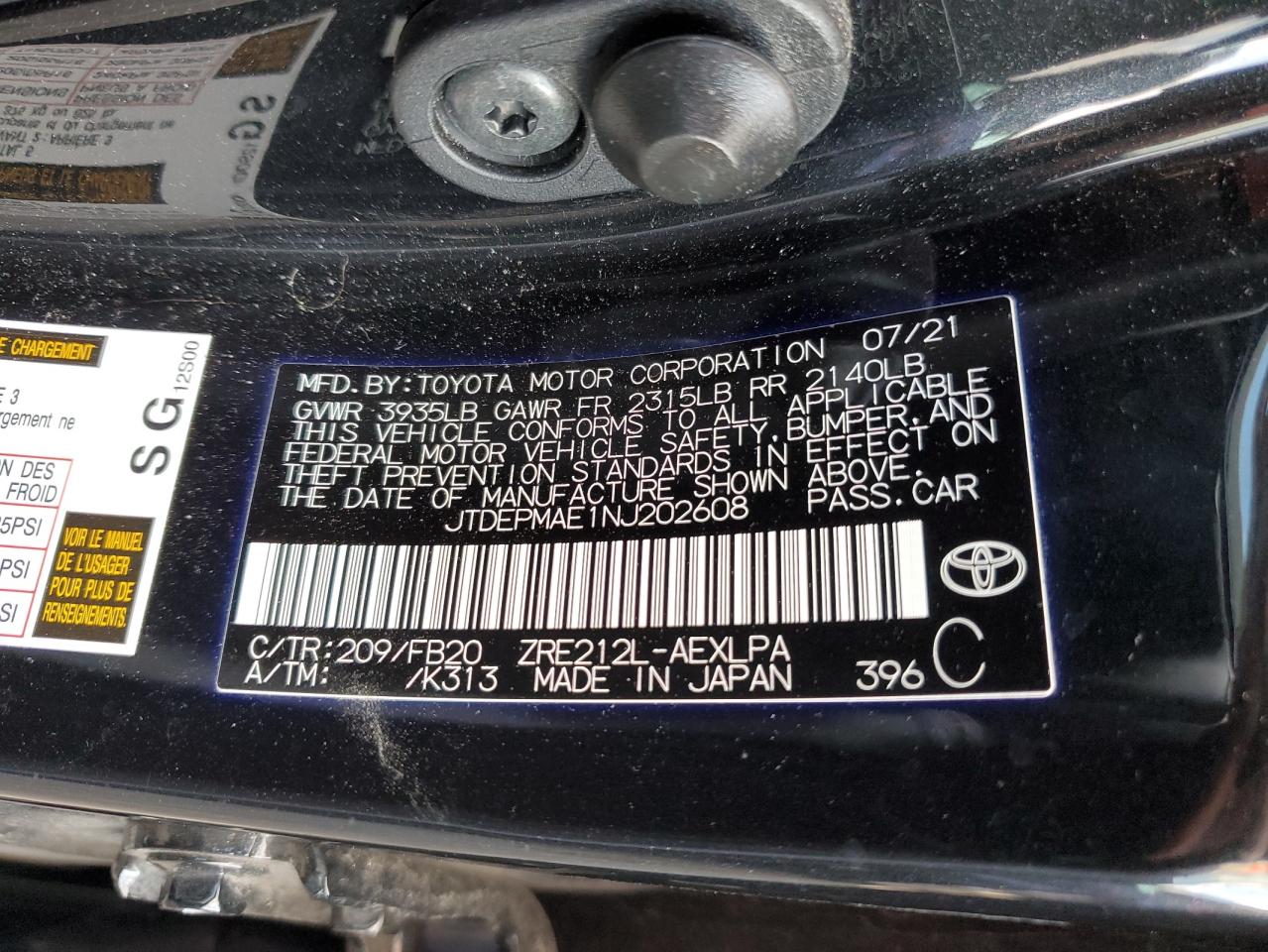 2022 TOYOTA COROLLA LE VIN:JTDEPMAE1NJ202608