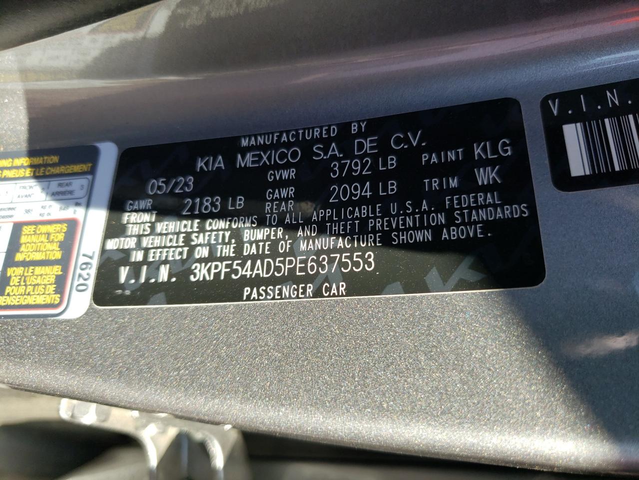 2023 KIA FORTE GT LINE VIN:3KPF54AD5PE637553