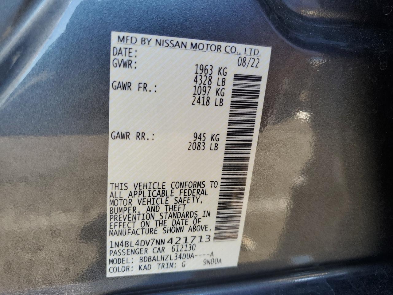 2022 NISSAN ALTIMA SV VIN:1N4BL4DV7NN421713