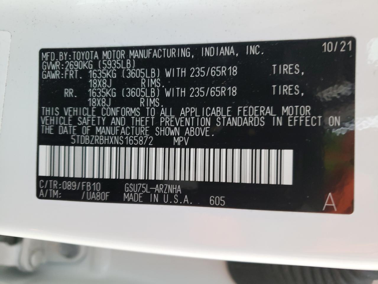 2022 TOYOTA HIGHLANDER L VIN:5TDBZRBHXNS165872