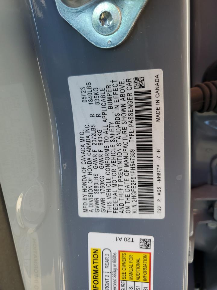 2023 HONDA CIVIC SPORT VIN:2HGFE2F51PH547389