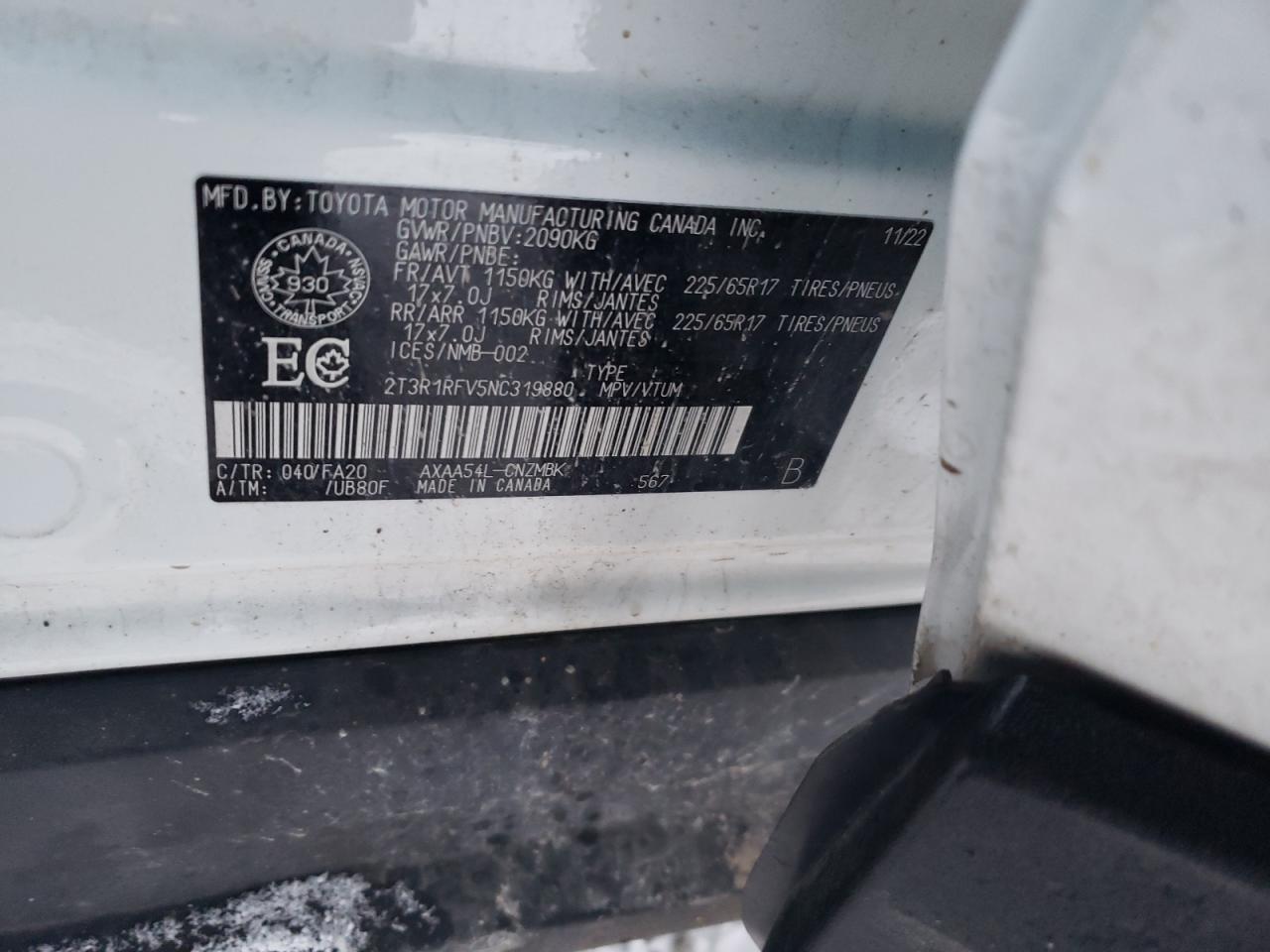 2022 TOYOTA RAV4 XLE VIN:2T3R1RFV5NC319880