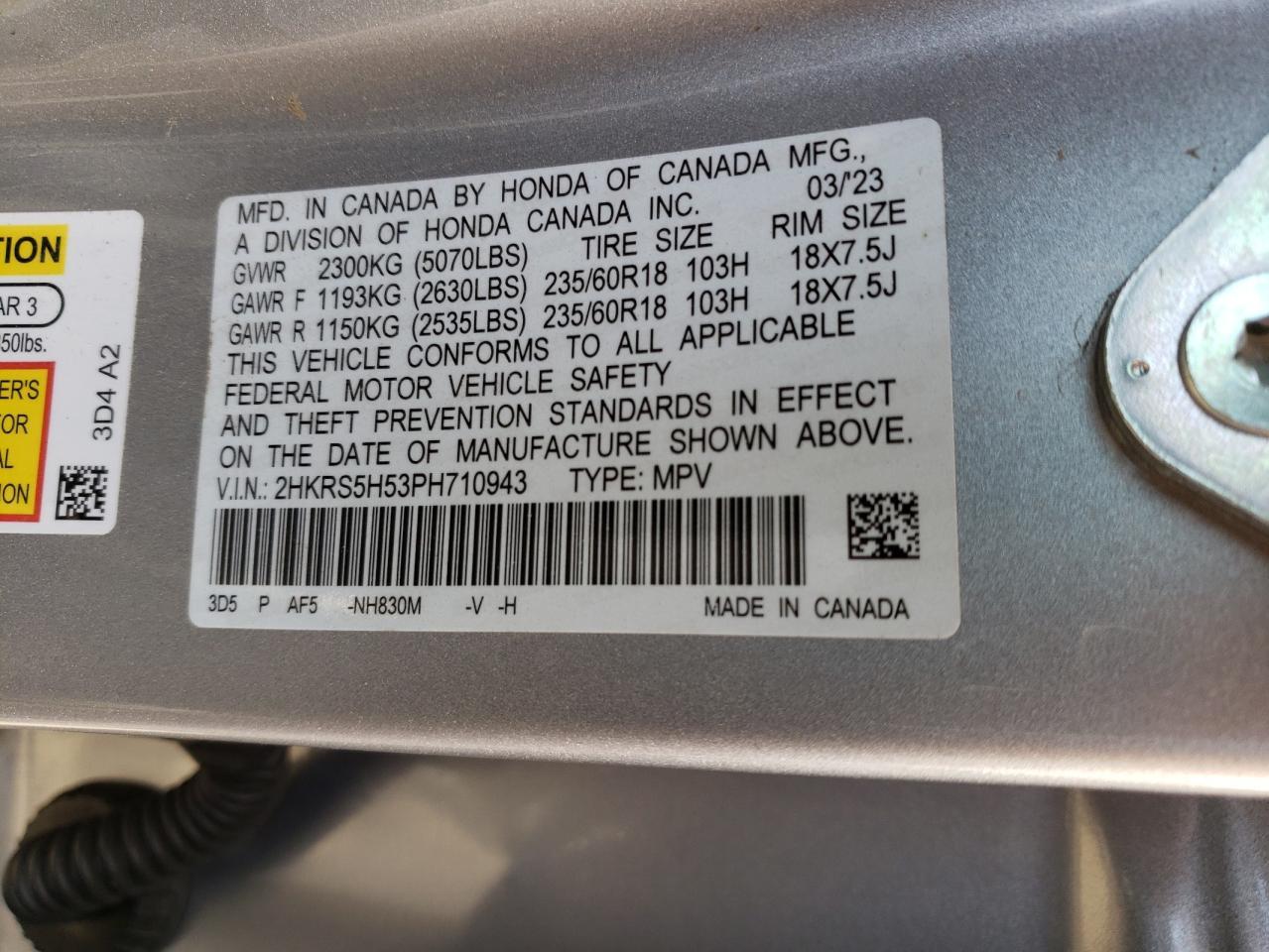 2023 HONDA CR-V SPORT VIN:2HKRS5H53PH710943