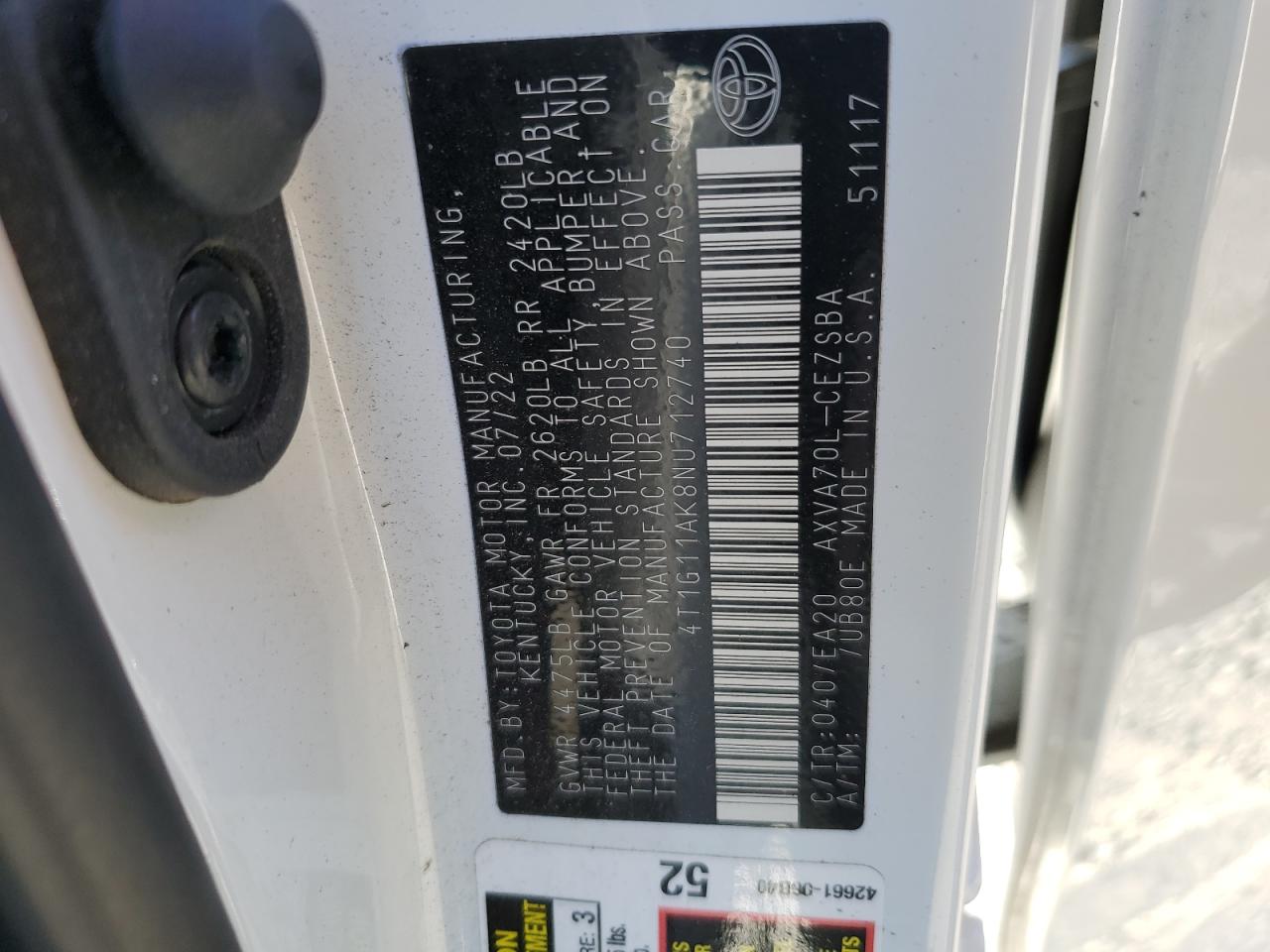 2022 TOYOTA CAMRY SE VIN:4T1G11AK8NU712740