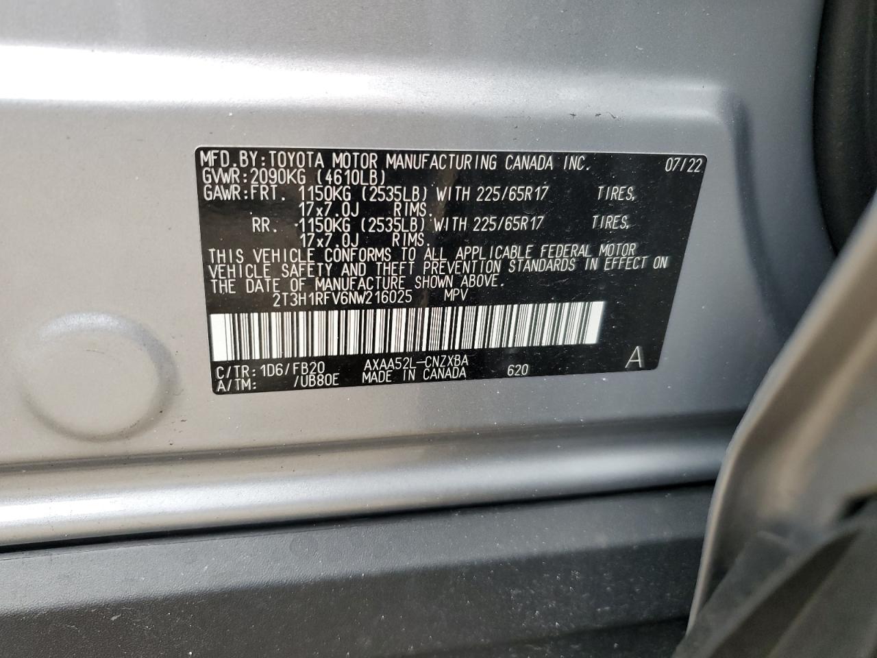 2022 TOYOTA RAV4 LE VIN:2T3H1RFV6NW216025